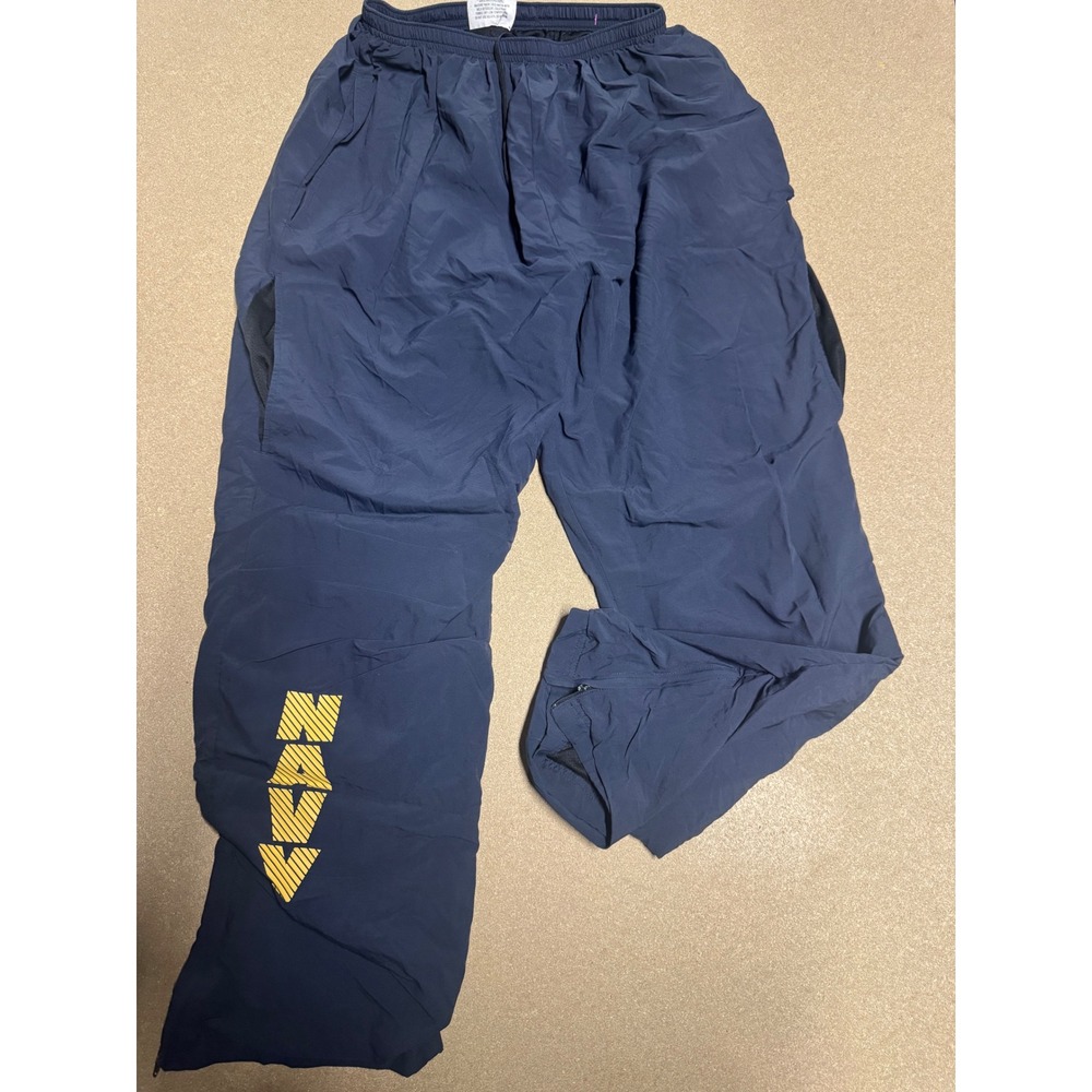 US Navy Mens Medium Running Pants‎ Nylon Zip Leg Navy Blue Logo Athletic VTG